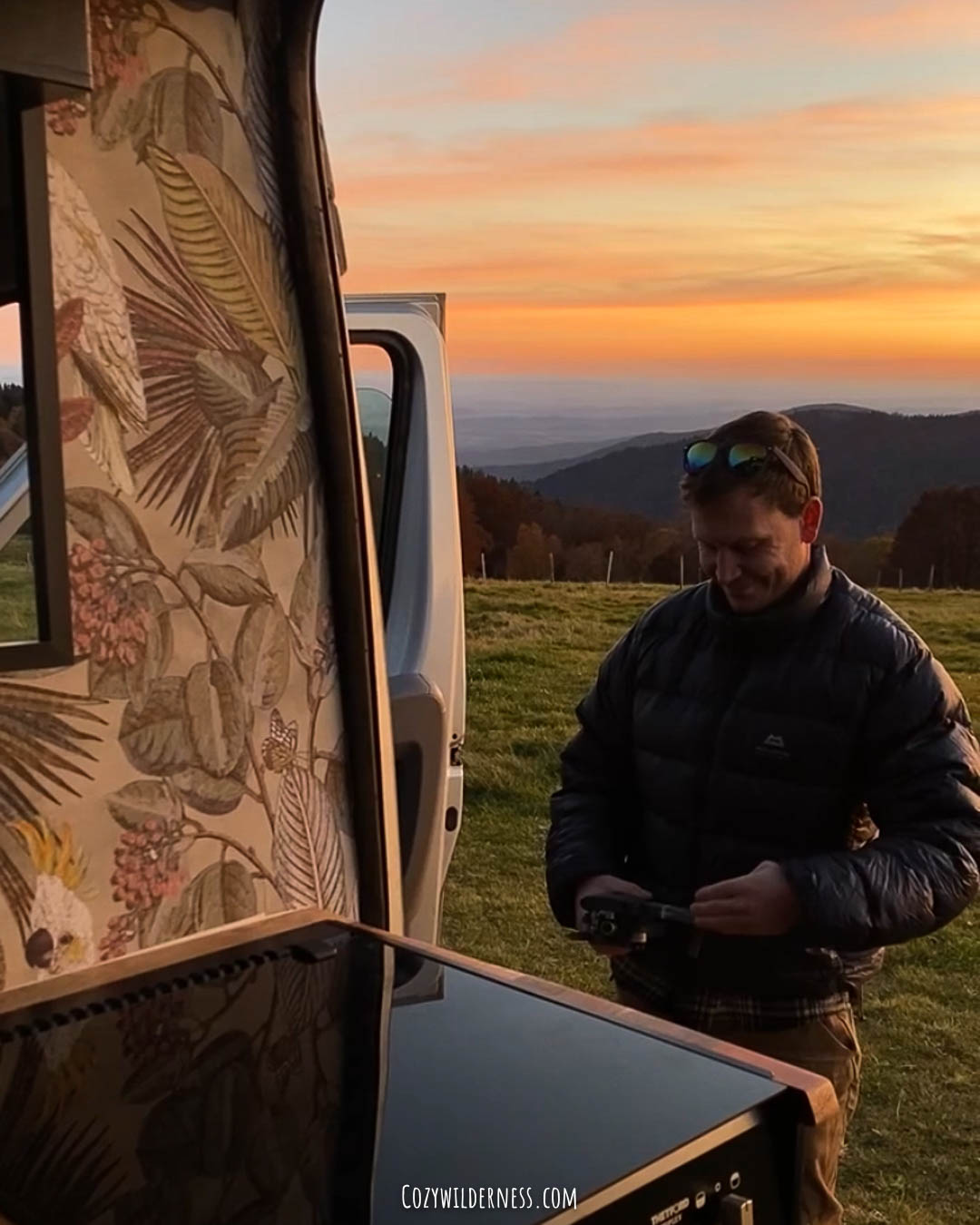 Staying overnight vanlife in France sunset